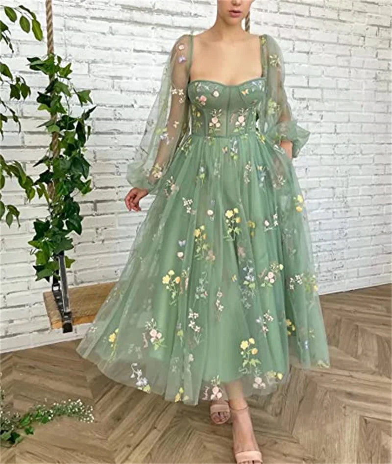 Elegant Fairy Princess Flower Tulle Maxi Dress for Women with Boat Neck and Puff Sleeves Ideal for Evening Prom and Special Occasions