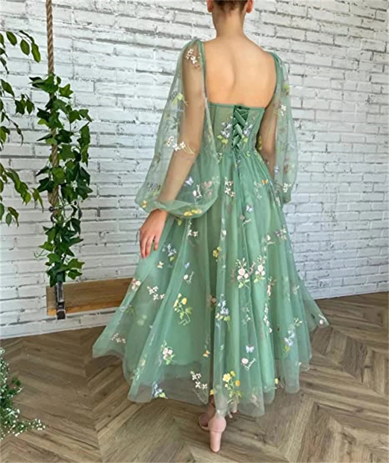 Elegant Fairy Princess Flower Tulle Maxi Dress for Women with Boat Neck and Puff Sleeves Ideal for Evening Prom and Special Occasions