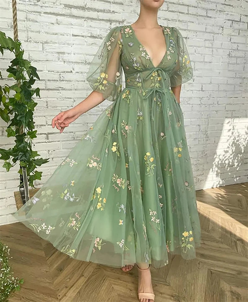 Elegant Fairy Princess Flower Tulle Maxi Dress for Women with Boat Neck and Puff Sleeves Ideal for Evening Prom and Special Occasions