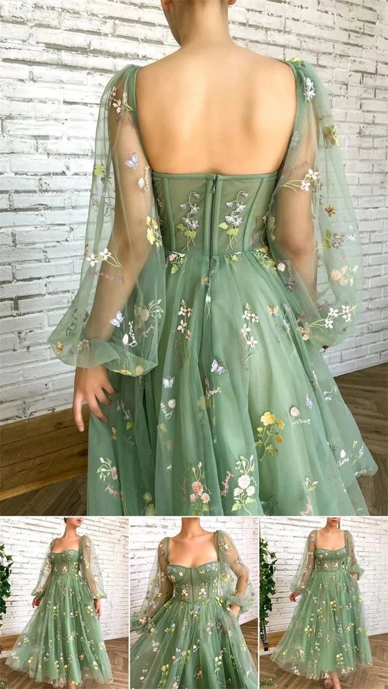 Elegant Fairy Princess Flower Tulle Maxi Dress for Women with Boat Neck and Puff Sleeves Ideal for Evening Prom and Special Occasions