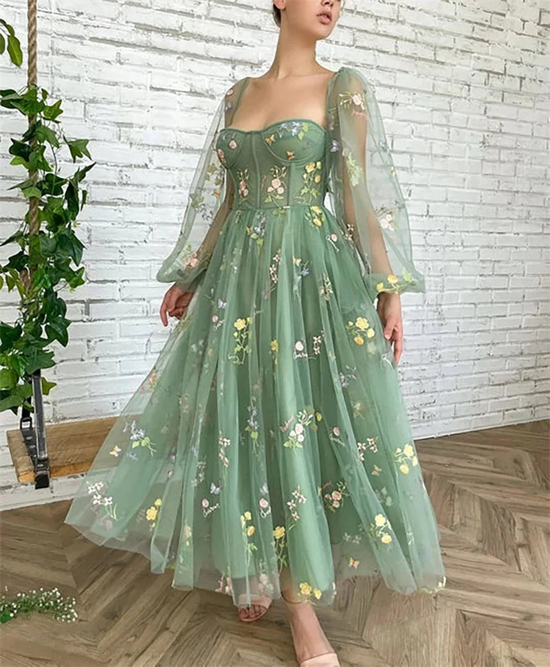 Elegant Fairy Princess Flower Tulle Maxi Dress for Women with Boat Neck and Puff Sleeves Ideal for Evening Prom and Special Occasions