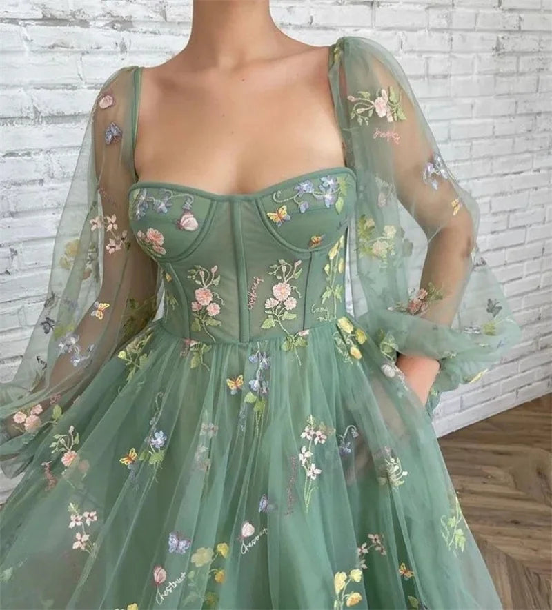 Elegant Fairy Princess Flower Tulle Maxi Dress for Women with Boat Neck and Puff Sleeves Ideal for Evening Prom and Special Occasions