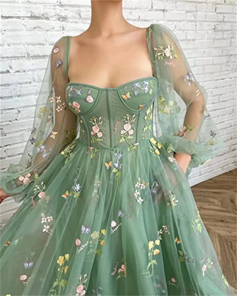 Elegant Fairy Princess Flower Tulle Maxi Dress for Women with Boat Neck and Puff Sleeves Ideal for Evening Prom and Special Occasions