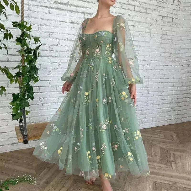 Elegant Fairy Princess Flower Tulle Maxi Dress for Women with Boat Neck and Puff Sleeves Ideal for Evening Prom and Special Occasions