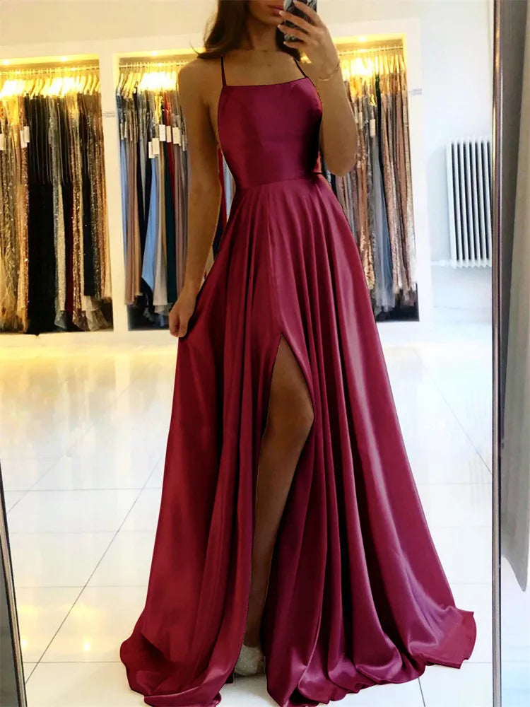 Burgundy Satin Beach Maxi Dress for Women with Sexy Side Slit and Adjustable Straps for Evening Prom and Bridesmaid Celebrations