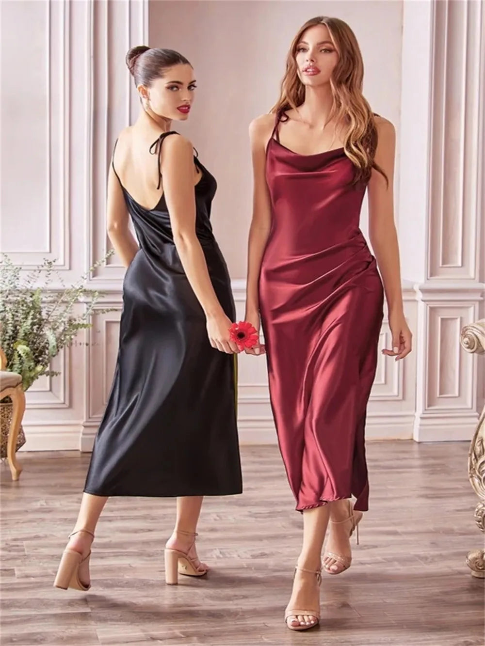 Burgundy Satin Beach Maxi Dress for Women with Sexy Side Slit and Adjustable Straps for Evening Prom and Bridesmaid Celebrations