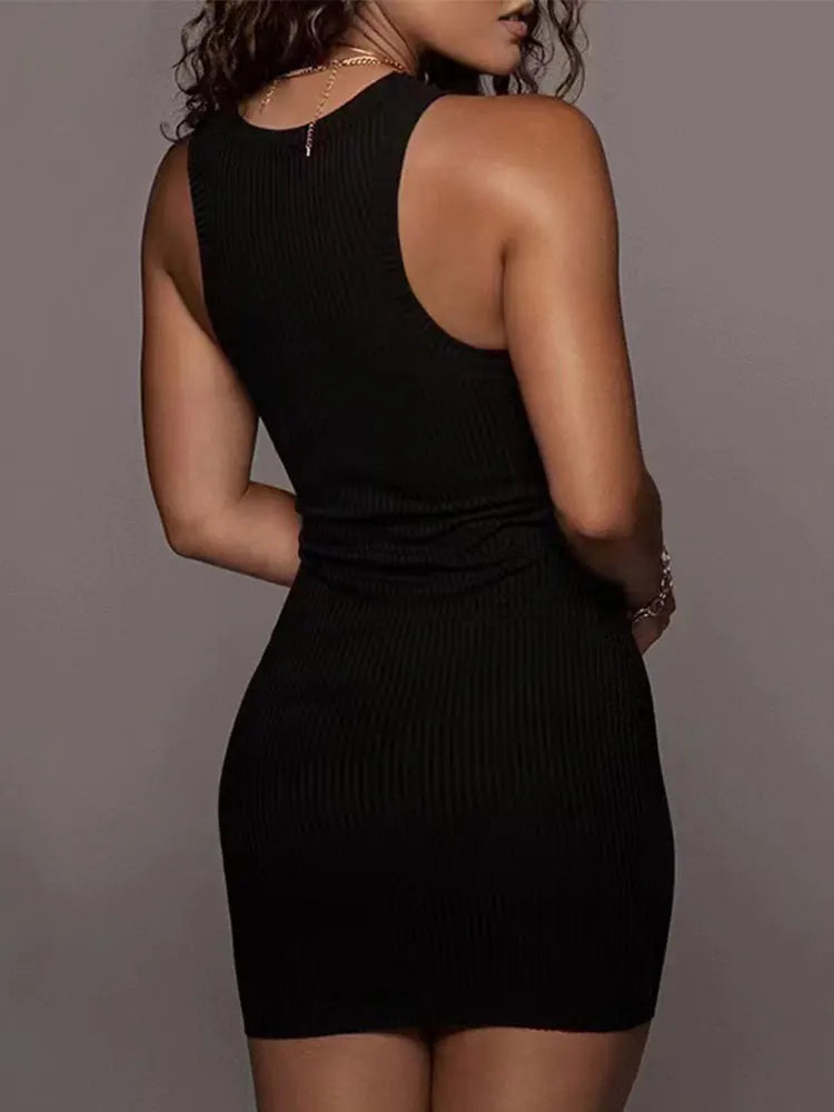 Black Ribbed Bodycon Summer Dress with Sleeveless Vest Design for Women and Club Parties Slim Fit Mini Dress in Solid Color