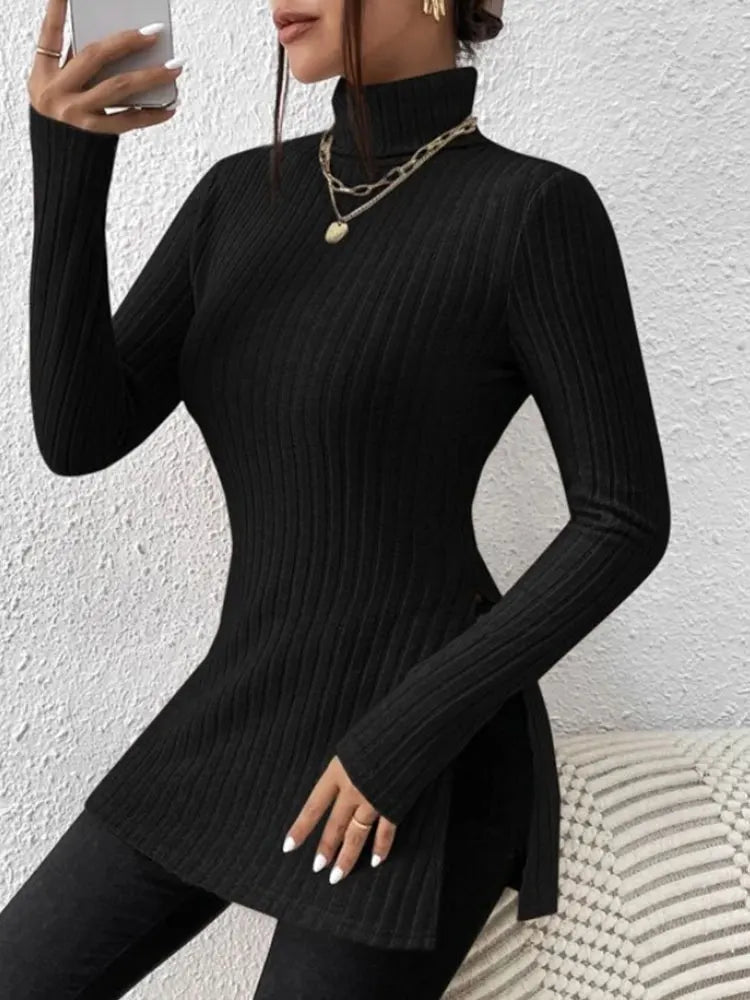 Women's High Neck Pullover Shirt with Crochet Detail Full Sleeve Stretchy Long Length Top for Autumn and Winter