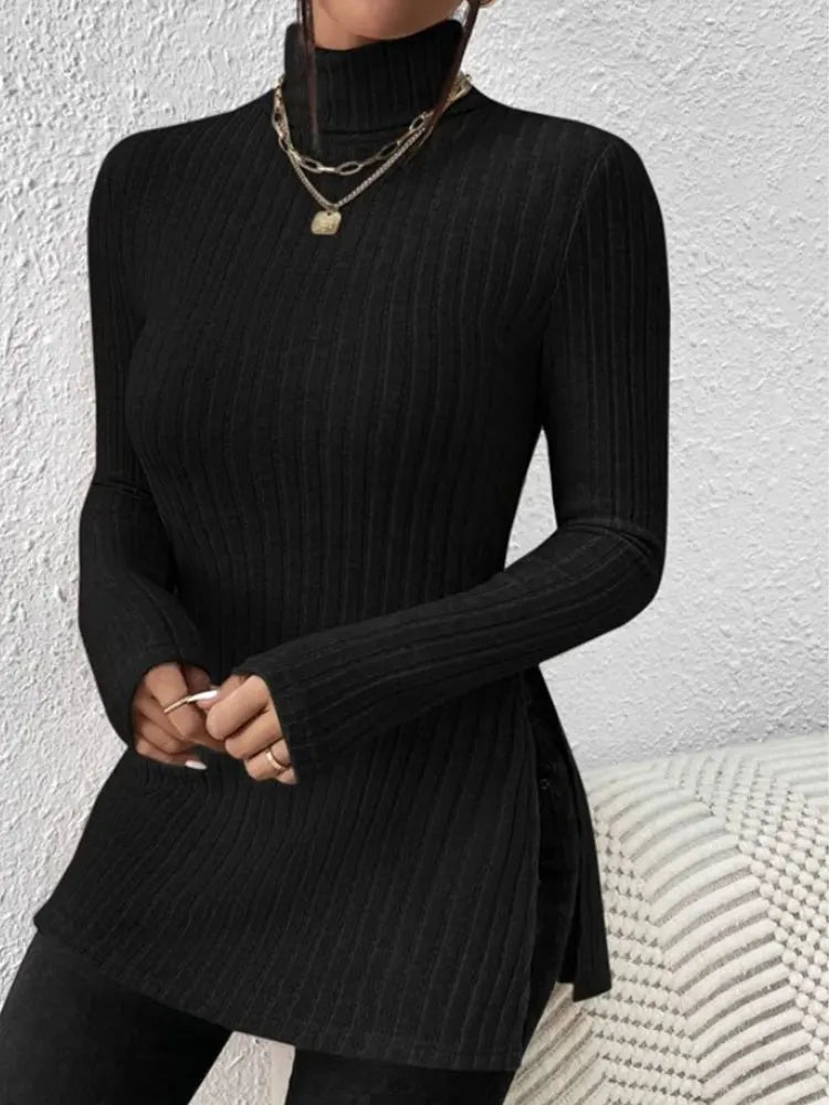 Women's High Neck Pullover Shirt with Crochet Detail Full Sleeve Stretchy Long Length Top for Autumn and Winter