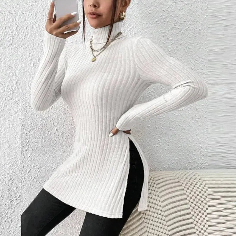 Women's High Neck Pullover Shirt with Crochet Detail Full Sleeve Stretchy Long Length Top for Autumn and Winter
