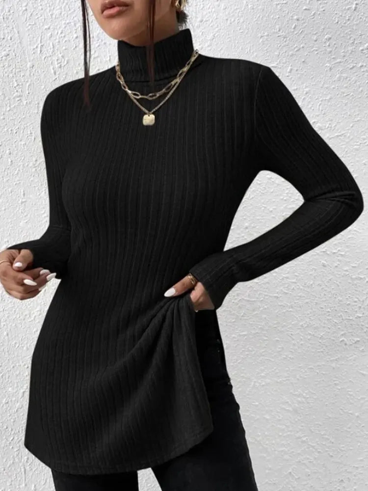 Women's High Neck Pullover Shirt with Crochet Detail Full Sleeve Stretchy Long Length Top for Autumn and Winter
