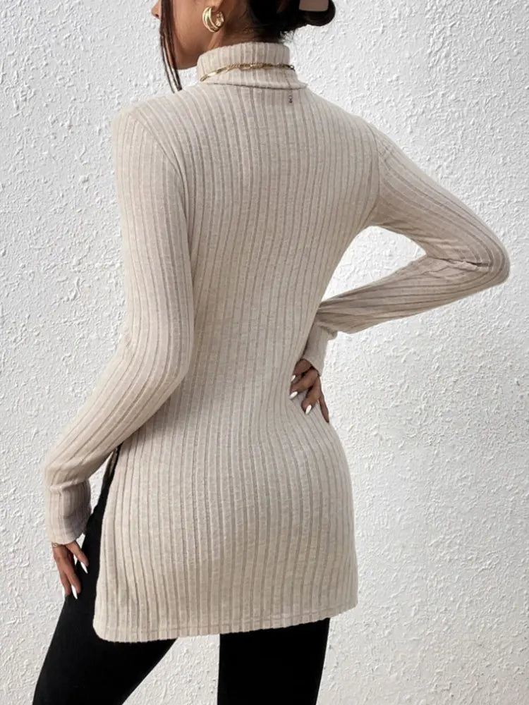 Women's High Neck Pullover Shirt with Crochet Detail Full Sleeve Stretchy Long Length Top for Autumn and Winter
