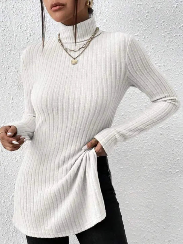 Women's High Neck Pullover Shirt with Crochet Detail Full Sleeve Stretchy Long Length Top for Autumn and Winter