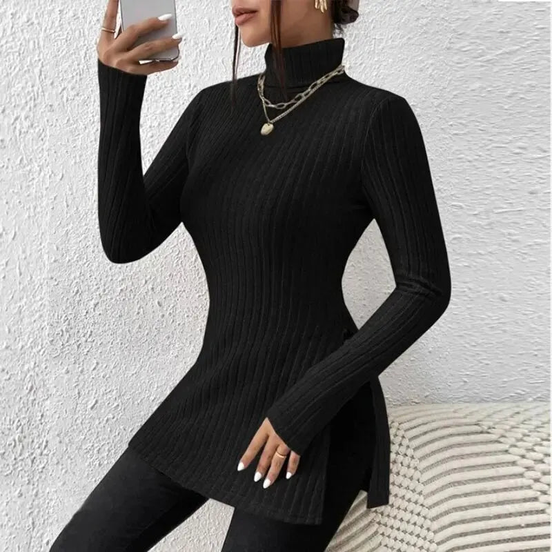 Women's High Neck Pullover Shirt with Crochet Detail Full Sleeve Stretchy Long Length Top for Autumn and Winter