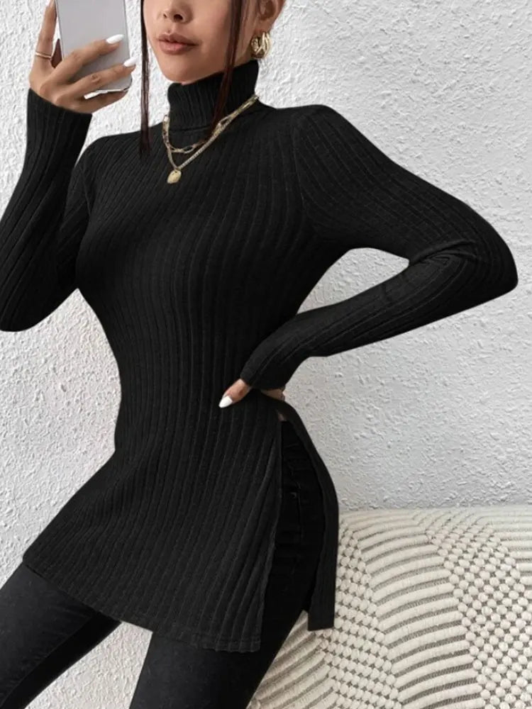 Women's High Neck Pullover Shirt with Crochet Detail Full Sleeve Stretchy Long Length Top for Autumn and Winter
