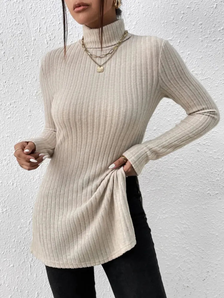 Women's High Neck Pullover Shirt with Crochet Detail Full Sleeve Stretchy Long Length Top for Autumn and Winter