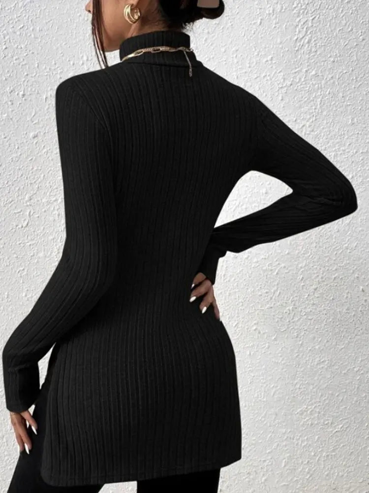 Women's High Neck Pullover Shirt with Crochet Detail Full Sleeve Stretchy Long Length Top for Autumn and Winter