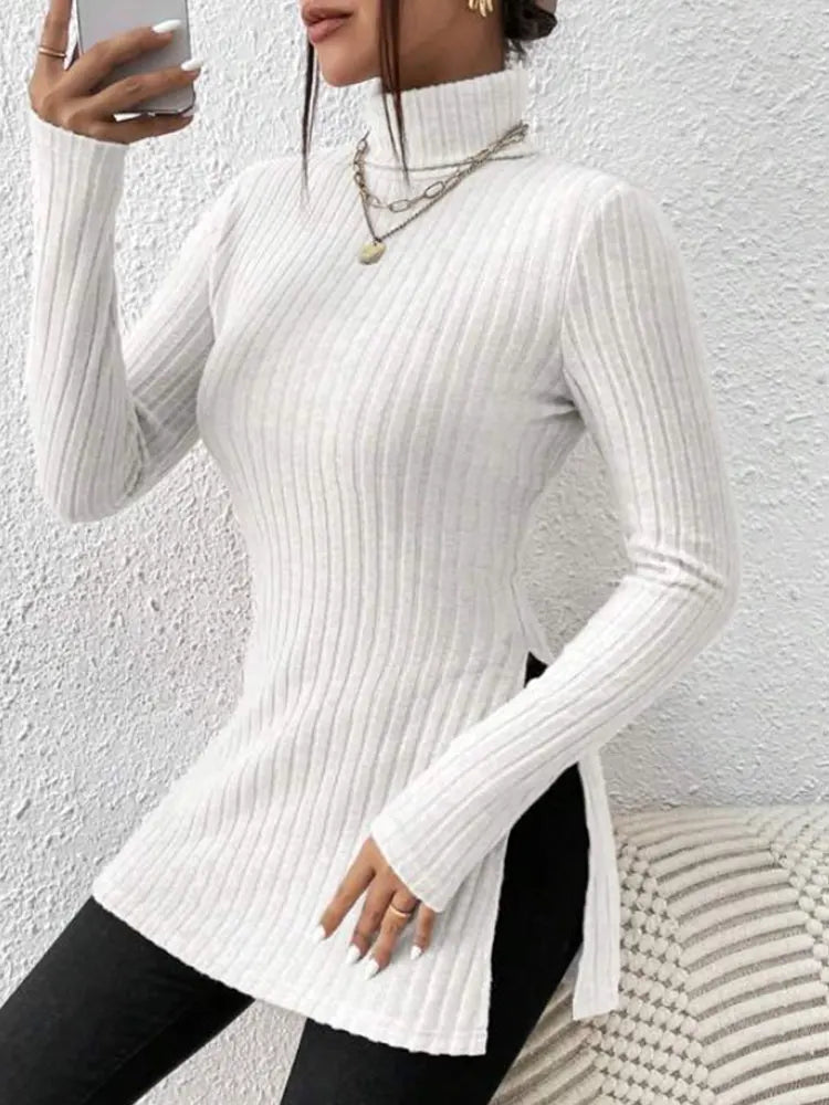 Women's High Neck Pullover Shirt with Crochet Detail Full Sleeve Stretchy Long Length Top for Autumn and Winter
