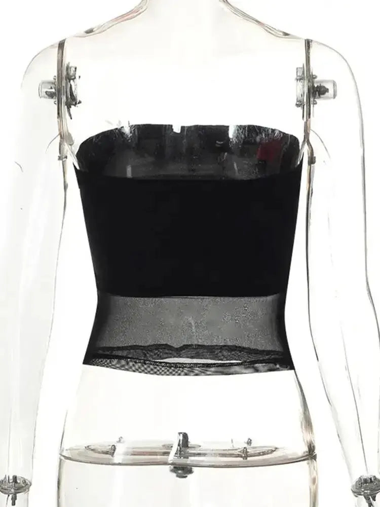 Mesh Corset Black Crop Top for Women Patchwork Tube Top Sexy Sleeveless Off Shoulder Slim Strapless Summer Cami Streetwear Tank Top