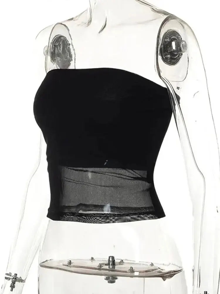 Mesh Corset Black Crop Top for Women Patchwork Tube Top Sexy Sleeveless Off Shoulder Slim Strapless Summer Cami Streetwear Tank Top