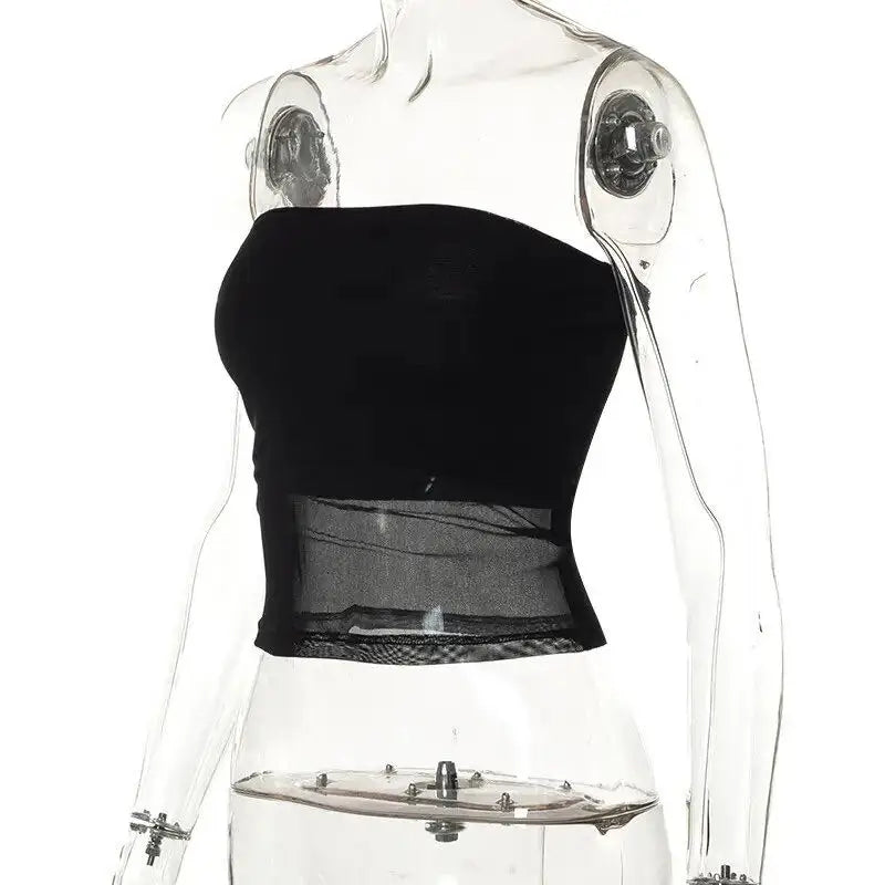 Mesh Corset Black Crop Top for Women Patchwork Tube Top Sexy Sleeveless Off Shoulder Slim Strapless Summer Cami Streetwear Tank Top