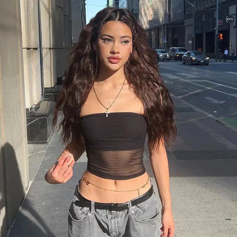 Mesh Corset Black Crop Top for Women Patchwork Tube Top Sexy Sleeveless Off Shoulder Slim Strapless Summer Cami Streetwear Tank Top