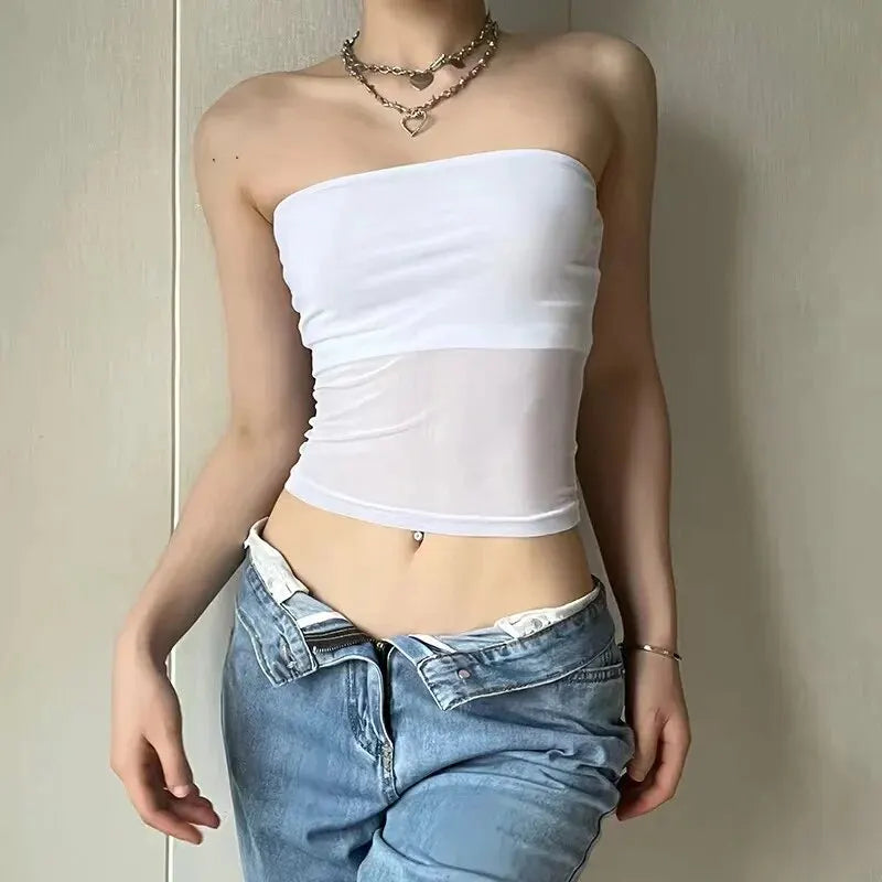 Mesh Corset Black Crop Top for Women Patchwork Tube Top Sexy Sleeveless Off Shoulder Slim Strapless Summer Cami Streetwear Tank Top