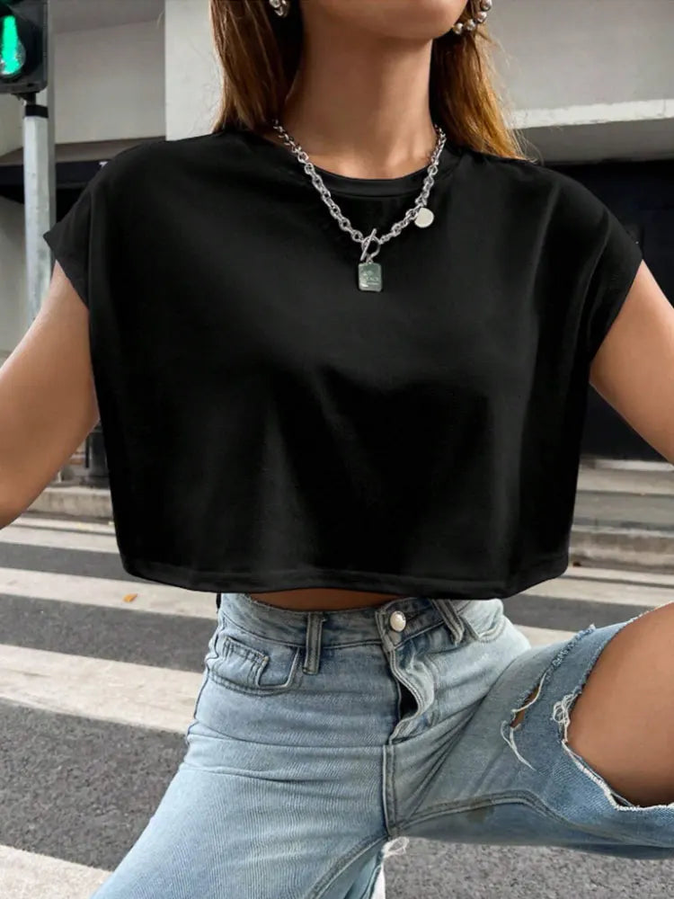 Solid Batwing Sleeve Crop Tee Women's Graphic Round Neck Sports Casual Workout Running Activewear Top