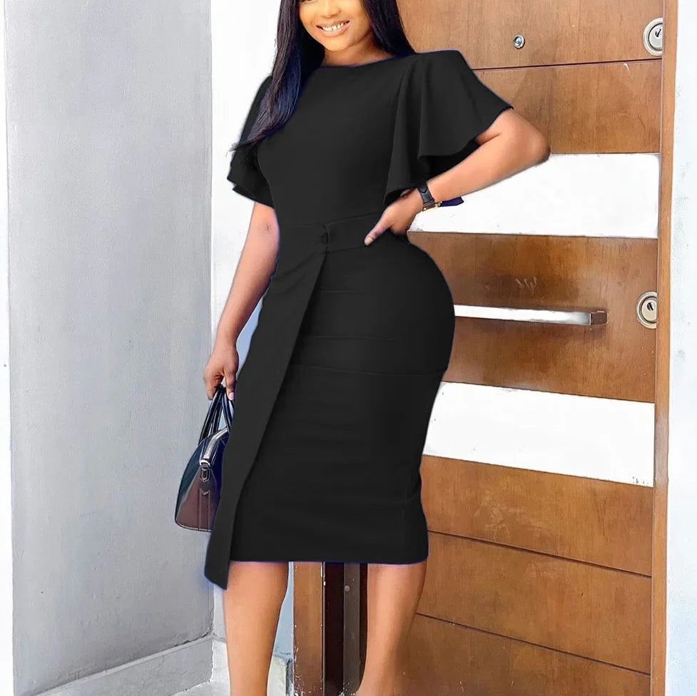 Elegant Office Dress for Women with O Neck Ruffles Sleeve Buttons Sheath Midi Work Attire