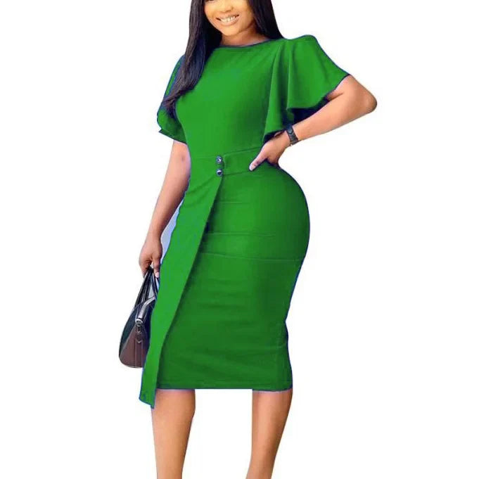 Elegant Office Dress for Women with O Neck Ruffles Sleeve Buttons Sheath Midi Work Attire