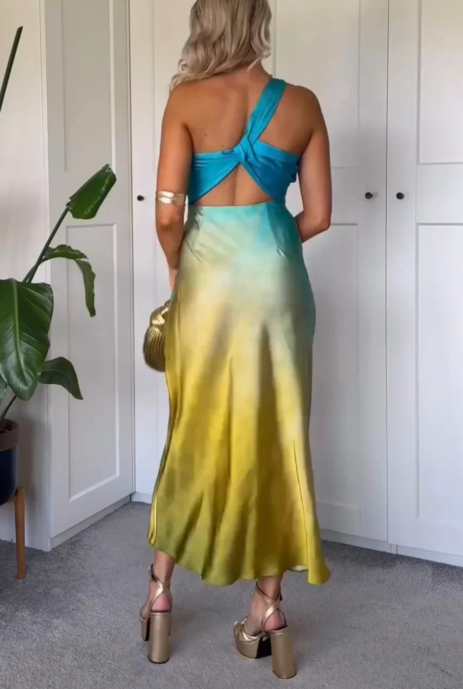 Asymmetrical Tie-Dye Gradient Satin Dress for Women Long Dress Street Style Fashion Summer Elegant Wear