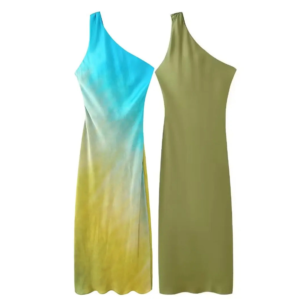 Asymmetrical Tie-Dye Gradient Satin Dress for Women Long Dress Street Style Fashion Summer Elegant Wear
