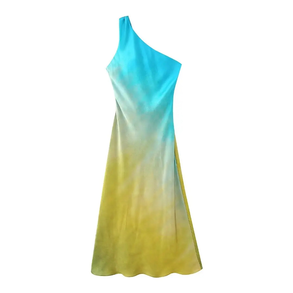 Asymmetrical Tie-Dye Gradient Satin Dress for Women Long Dress Street Style Fashion Summer Elegant Wear