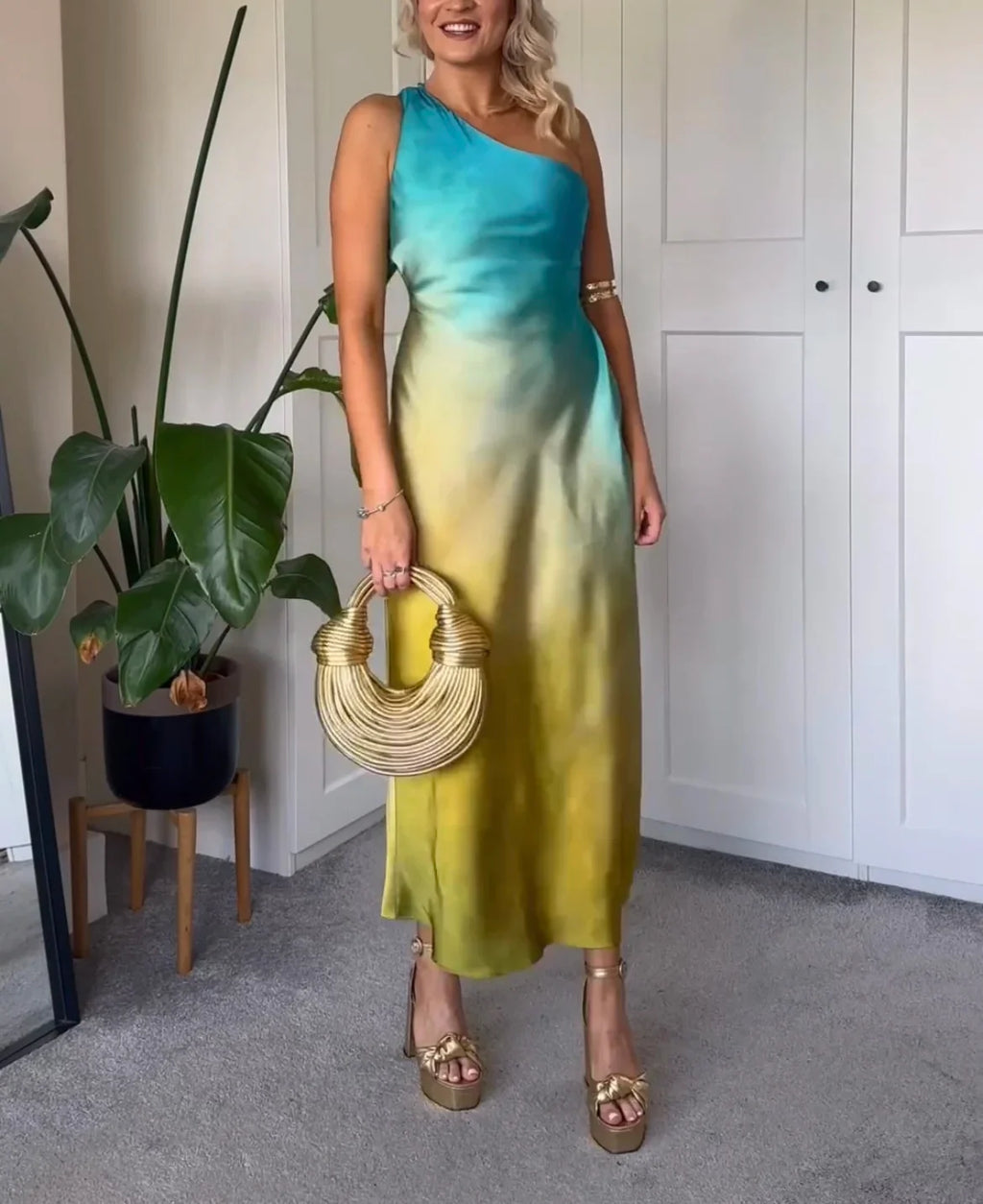 Asymmetrical Tie-Dye Gradient Satin Dress for Women Long Dress Street Style Fashion Summer Elegant Wear