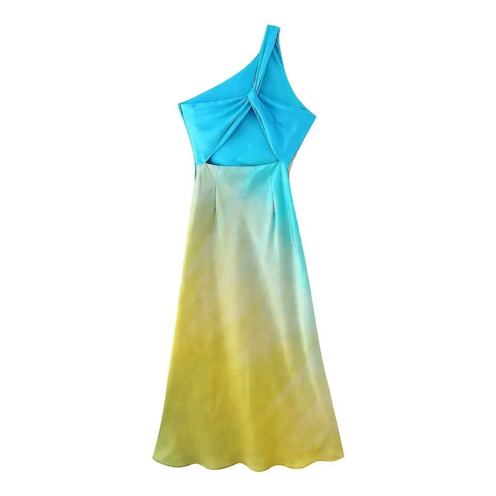Asymmetrical Tie-Dye Gradient Satin Dress for Women Long Dress Street Style Fashion Summer Elegant Wear