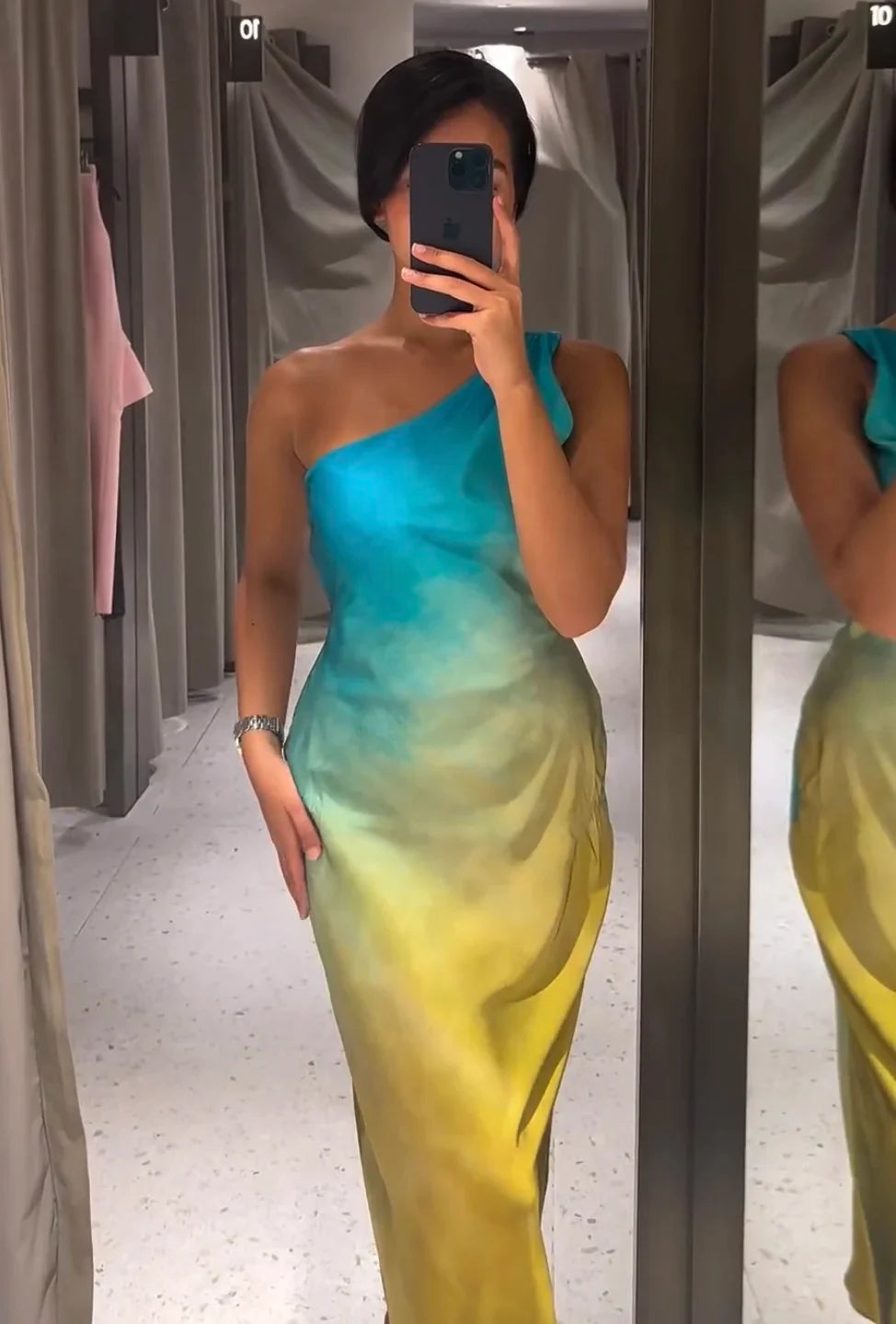 Asymmetrical Tie-Dye Gradient Satin Dress for Women Long Dress Street Style Fashion Summer Elegant Wear