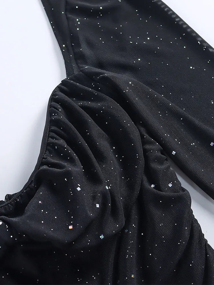 Black Sequins Long Sleeve Mini Dress for Women Elegant Backless Lace Evening Robe with Empire Waist and Club Chic Style