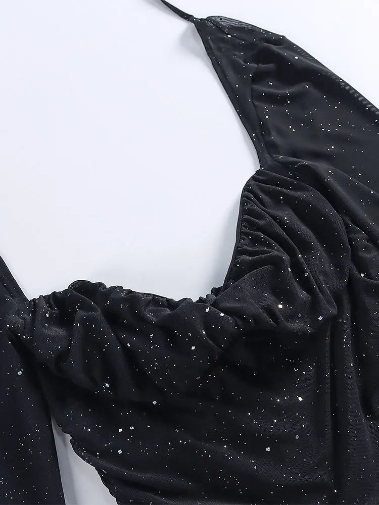 Black Sequins Long Sleeve Mini Dress for Women Elegant Backless Lace Evening Robe with Empire Waist and Club Chic Style