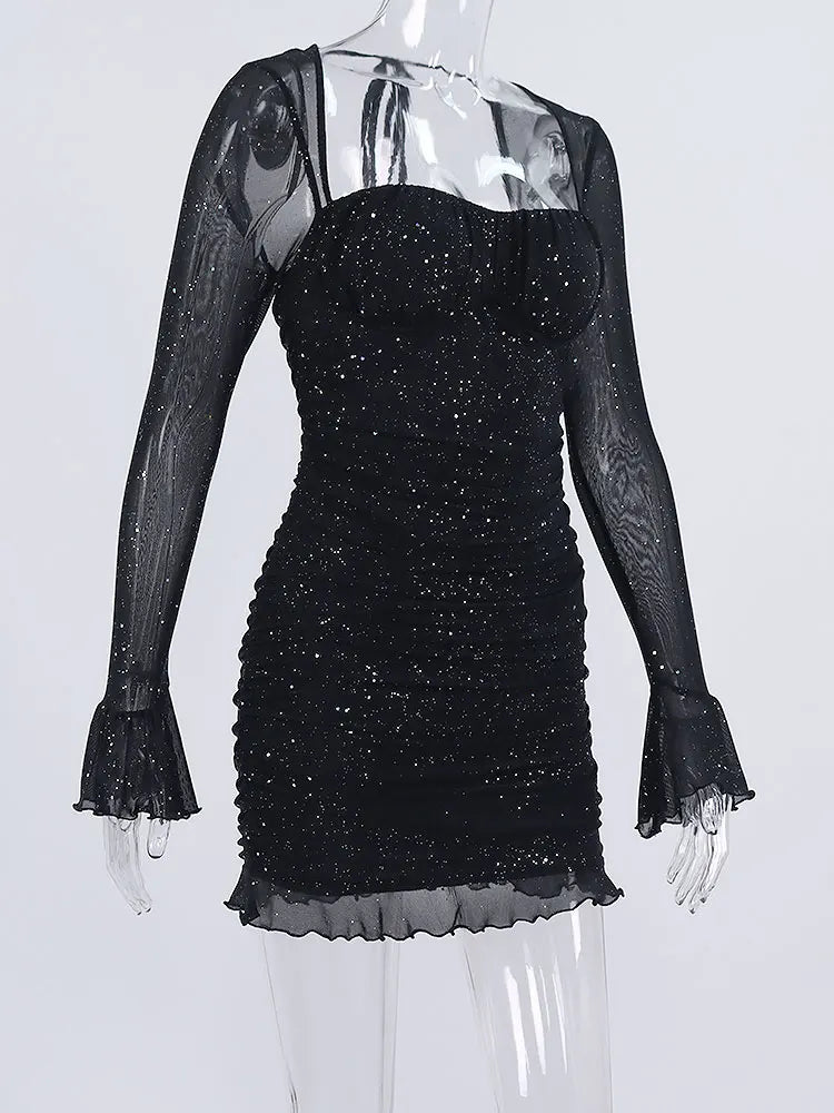 Black Sequins Long Sleeve Mini Dress for Women Elegant Backless Lace Evening Robe with Empire Waist and Club Chic Style