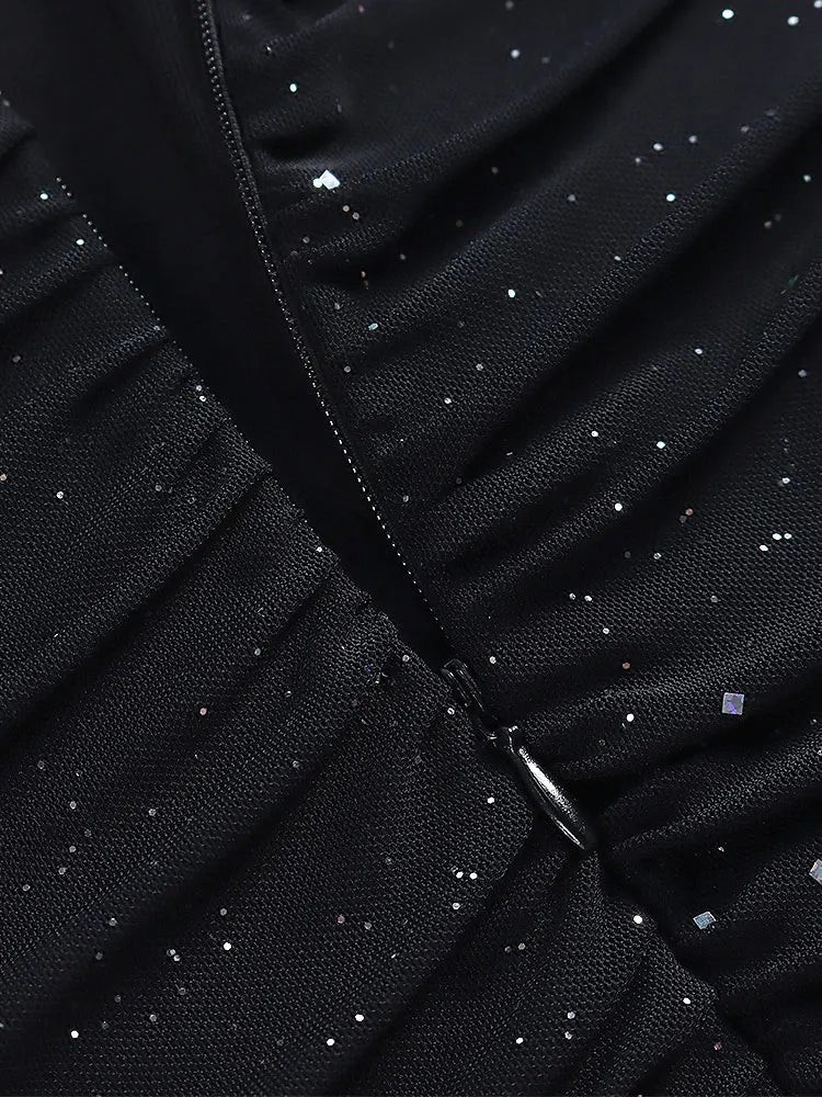 Black Sequins Long Sleeve Mini Dress for Women Elegant Backless Lace Evening Robe with Empire Waist and Club Chic Style