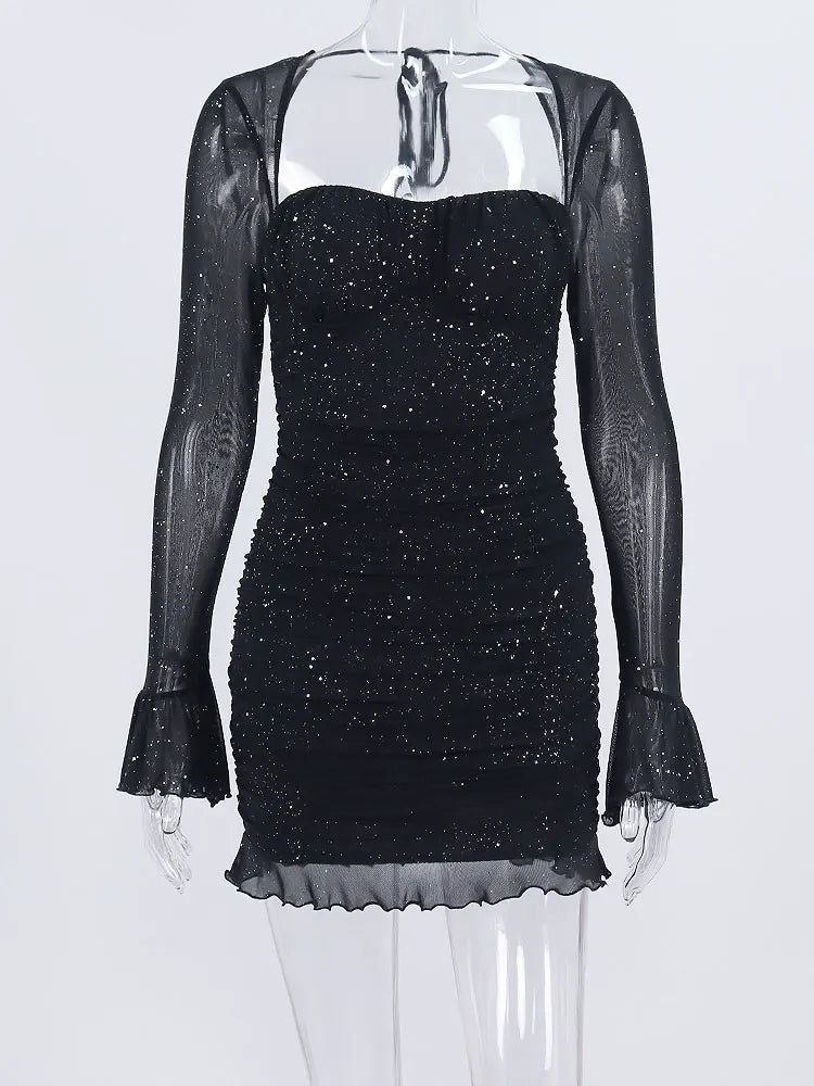 Black Sequins Long Sleeve Mini Dress for Women Elegant Backless Lace Evening Robe with Empire Waist and Club Chic Style