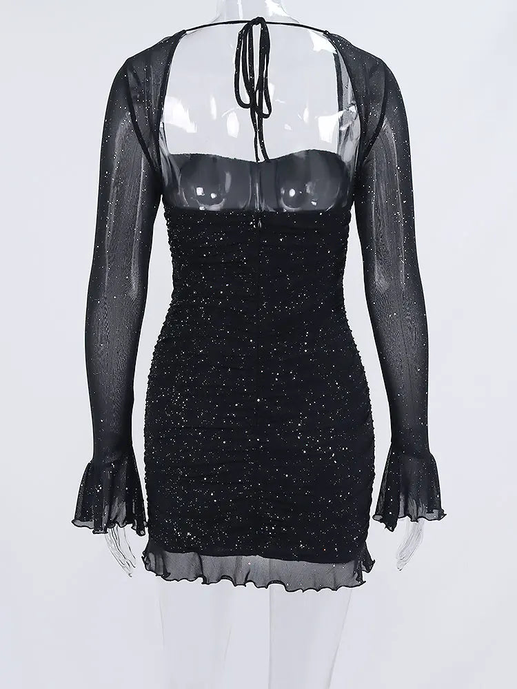 Black Sequins Long Sleeve Mini Dress for Women Elegant Backless Lace Evening Robe with Empire Waist and Club Chic Style