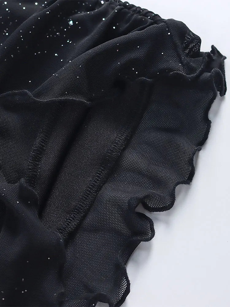 Black Sequins Long Sleeve Mini Dress for Women Elegant Backless Lace Evening Robe with Empire Waist and Club Chic Style