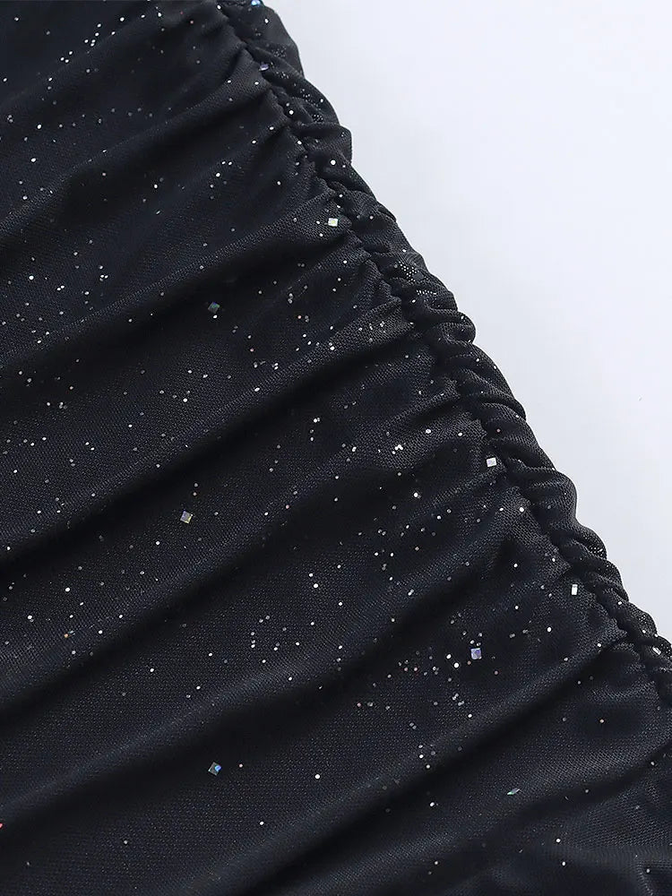 Black Sequins Long Sleeve Mini Dress for Women Elegant Backless Lace Evening Robe with Empire Waist and Club Chic Style