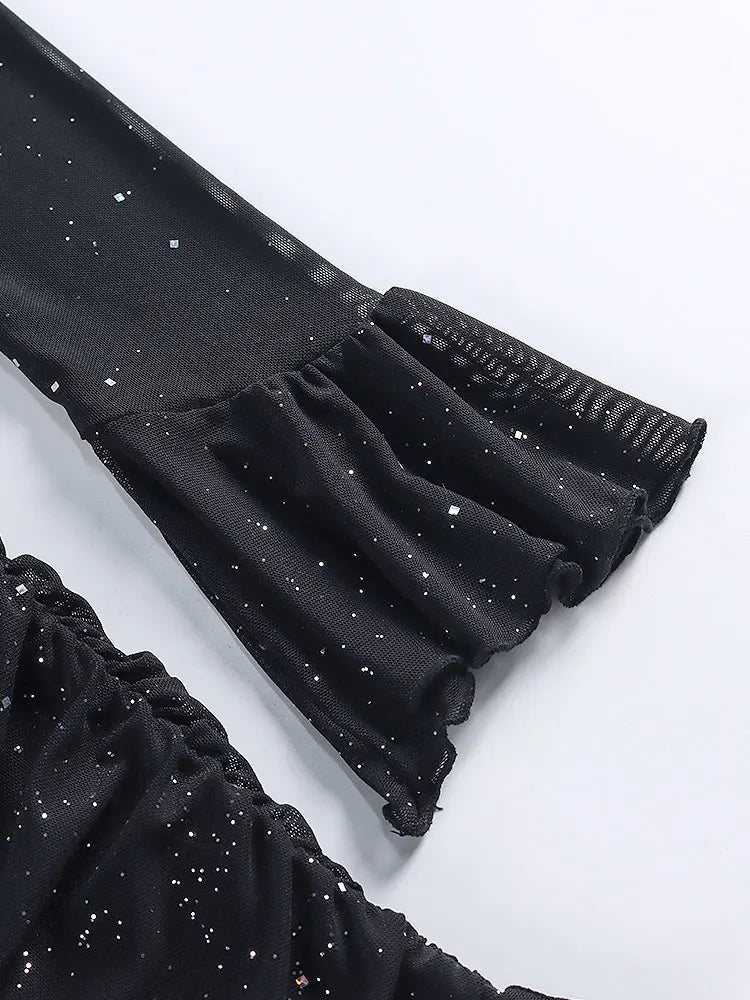 Black Sequins Long Sleeve Mini Dress for Women Elegant Backless Lace Evening Robe with Empire Waist and Club Chic Style