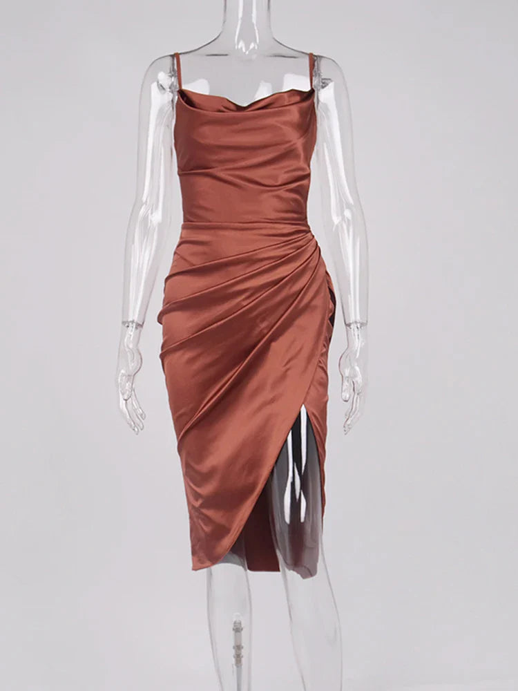Elegant Satin Party Dress with Split Spaghetti Straps Ruching and High Waist Design for Women