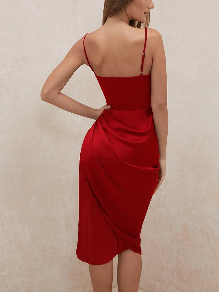 Elegant Satin Party Dress with Split Spaghetti Straps Ruching and High Waist Design for Women