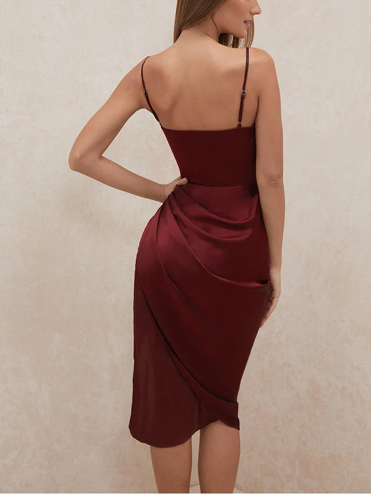 Elegant Satin Party Dress with Split Spaghetti Straps Ruching and High Waist Design for Women