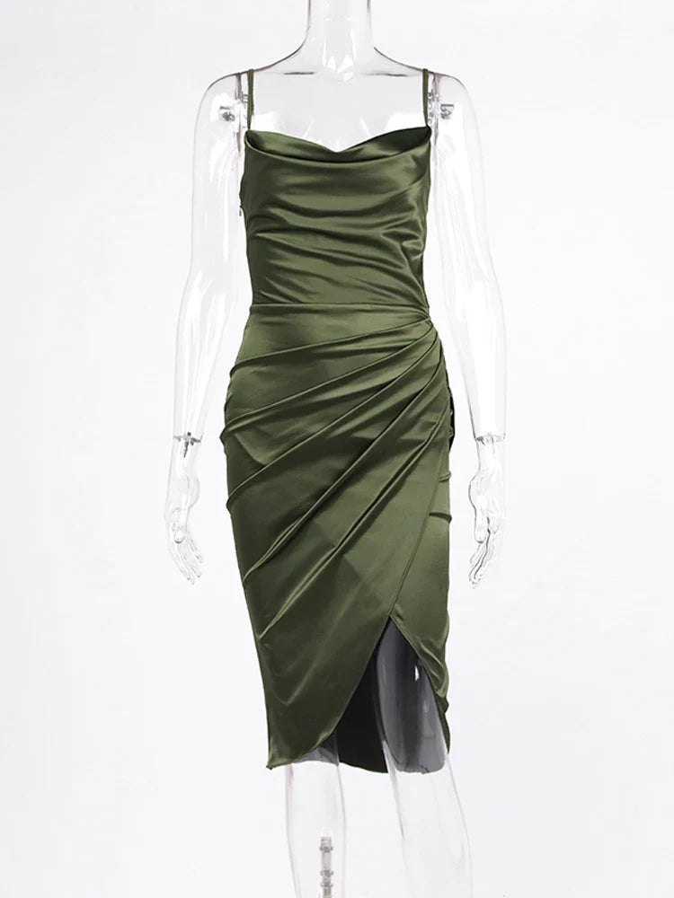 Elegant Satin Party Dress with Split Spaghetti Straps Ruching and High Waist Design for Women