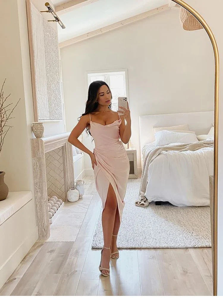 Elegant Satin Party Dress with Split Spaghetti Straps Ruching and High Waist Design for Women